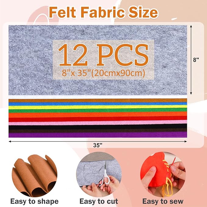 12 Rolls 8"x35"(20.5x90cm) 1.4mm Thick Soft Felt Fabric Sheet 12 Assorted Classic Series Colors Felt Pack for DIY Craft Sewing Squares Nonwoven Patchwork