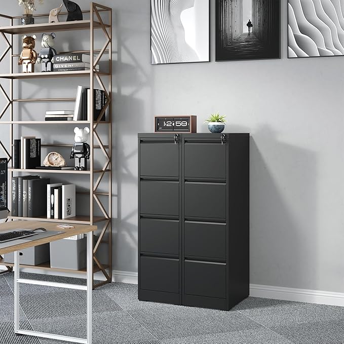 Metal File Cabinet 4 Drawers, Vertical Filing Cabinet for Home Office, File Cabinets with Lock for Legal Letter Size Hanging File Folders Storage Cabinet, (Black)
