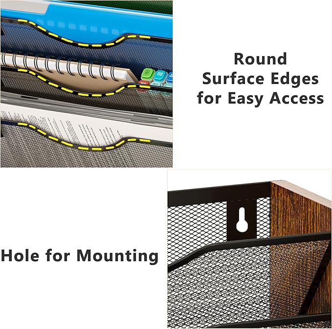 6-Tier Wall File Organizer with Bottom Tray, Ironwood Mail Organizer Wall Mounted with Metal Mesh, Document Organizer for Paper, Folder, Magazine, Office Desk Accessories for Home Cubicle Countertop