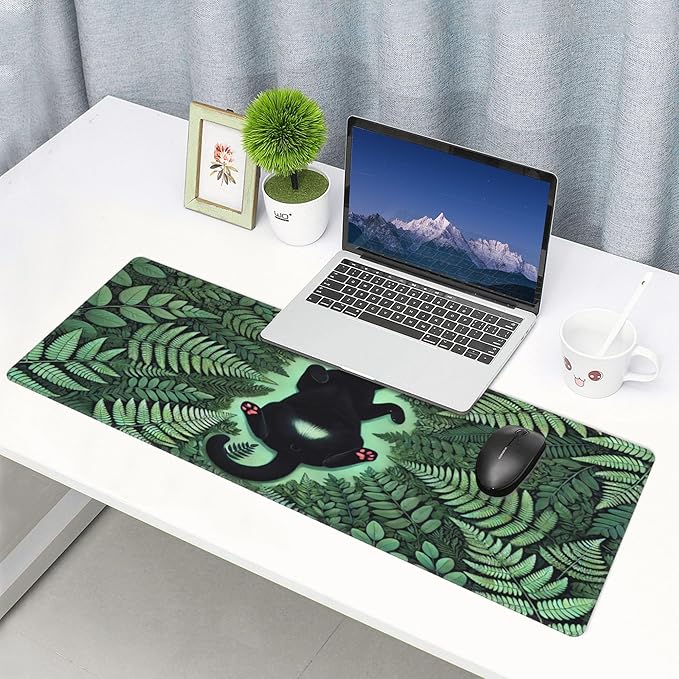 Green Plant Cat Desk Mat Large Gaming Mouse Pad Green Plant Cat Extended Mousepad Big in Laptop Computer Mouse Keyboard Mat for Office Desk Decor 31.5x12 in