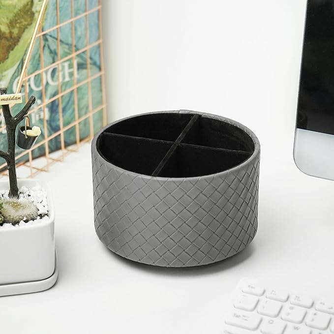 Hennaja Round Leather Art Supply Organizer,Remote Control Holder,360 Degree Spinning,Multi-Functional Pencil Holder,4 Compartments Desktop Stationary Organizer(1-Weave Grey)