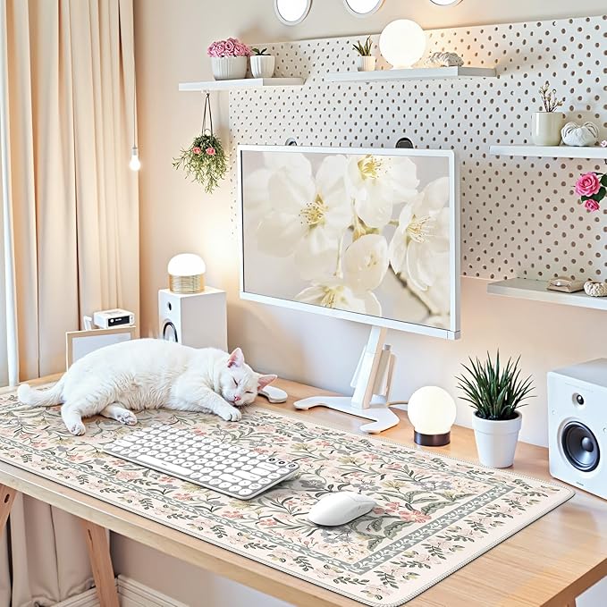 iCasso Desk Matt for Desktop, Cute Desk Pad Mat, XXL Large Mouse Pad, Anti-Slip Big Mousepad with Stitched Edges, Keyboard Pad for Computer(Gray Floral)