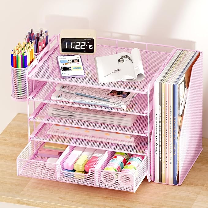 Desk Organizers and Accessories, 5-Tier Paper File Organizer with Drawer & Pen Holder, Office Desk Accessories Workspace Desktop Organizer for Office Supplies((Pink)