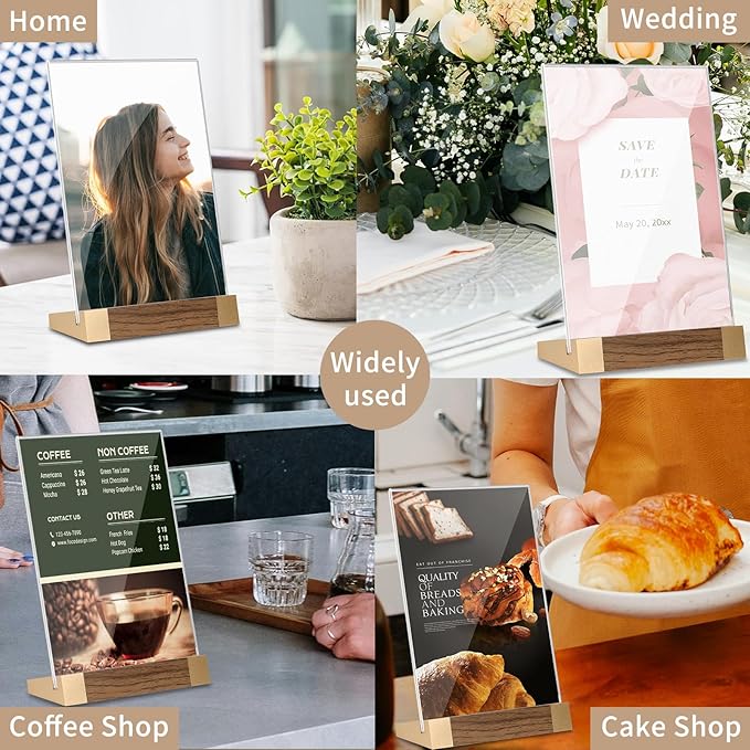 Acrylic Mini Sign Holder 4x6 Inch with Wood-Color Base, Acrylic Tabletop Display Sign Frame Vertical Clear for Store/Coffee Shop/Restaurant Menu Hotel/Office Display Holder, 2 Pack L Shape