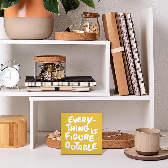 Inspirational Yellow Office Decor, Every Thing is Figure Outable Motivational Office Accessories Wooden Box Sign, Inspirational Gifts for Women, Men Wall Desk Shelf Tabletop Decoration