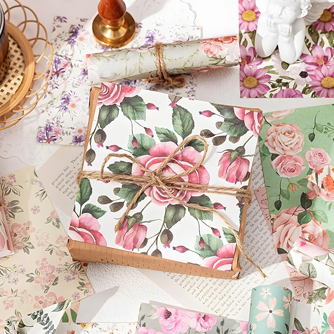 Snycler Scrapbooking Supplies, Vintage Journaling - 25 Sheets PET & 25 Sheets Paper Stickers, DIY Craft Stickers for Junk Journals, Ephemera Sticker Book, Pink Flower Themes, Pre-Cut Designs