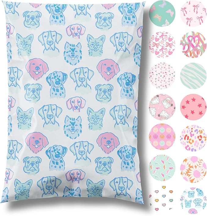 10x13 Designer Poly Mailer 100 Pack Heavy Duty Waterproof Self Seal Shipping Bags for Small Business Large Mailing Envelopes Bulk Tear Resistant Packaging Pretty Pups Puppy Dogs
