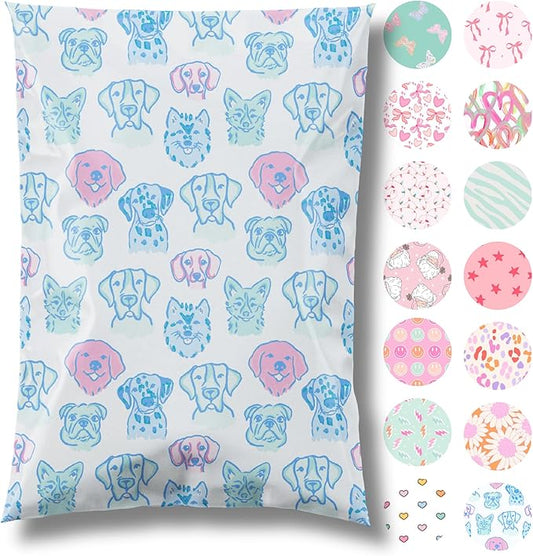 10x13 Designer Poly Mailer 100 Pack Heavy Duty Waterproof Self Seal Shipping Bags for Small Business Large Mailing Envelopes Bulk Tear Resistant Packaging Pretty Pups Puppy Dogs