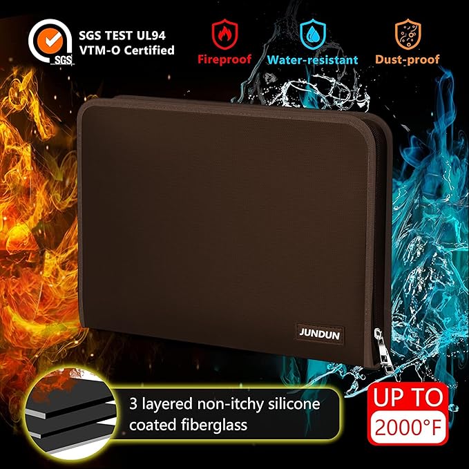 JUNDUN Accordion File Organizer - Fireproof Folder with Zipper & Labels - 12 Pocket Expanding File Folder with Multi-Pockets Paper Folder for Letter A4 Files | Receipt and More (Brown)