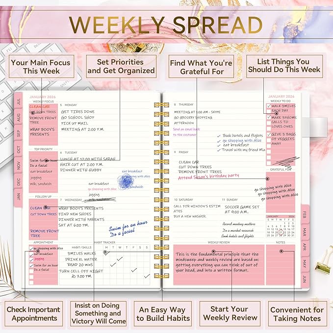 Academic Planner 2025-2026, Weekly and Monthly Planners for Women, Jul.2025 - Jun.2026, AIMPEAK Daily Calendar Planner for Teacher & Student, Monthly Tabs, Pink Marble, 7"x10"