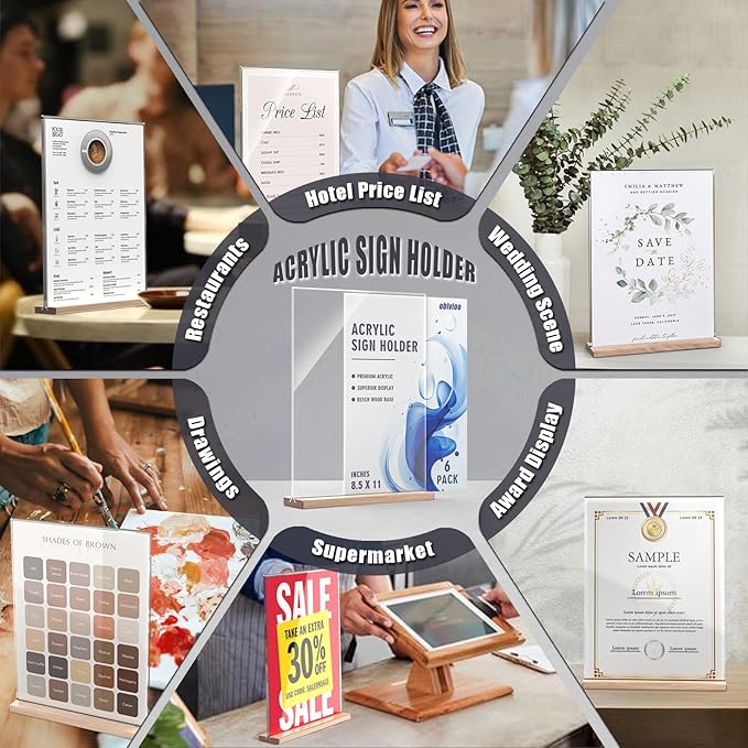 Acrylic Sign Holder 8.5x11 with Wood Base, Clear T shape Table Display Stands for Office, House, Store, Restaurants, and Event use, Double side Flyer Holder for Ads,Menu,Picture,Memory(6 packs)