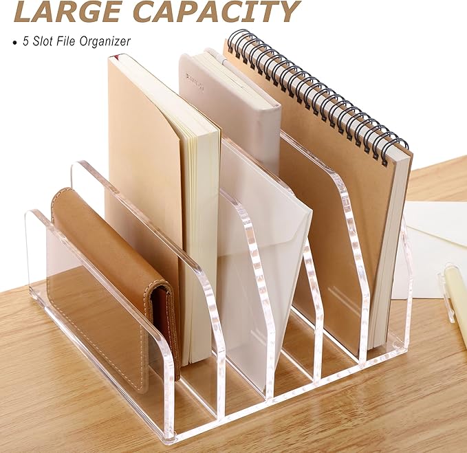 SANRUI Acrylic Desk Mail Organizer Sorters, Clear 5 Upright Compartments Laddered Desktop File Letter Holder, Multifunction Envelope Vertical Folder Racks Document Holders for Office, Home, School
