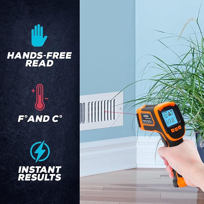 Kizen Infrared Temperature Gun - Handheld Surface Infrared Thermometer for Griddle, Grill, Pizza Oven, Candy, & A/C - Laser Thermometer Gun -58F to 1112F - Surface Temp Gun