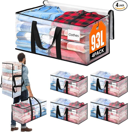 BlissTotes 4-Pack Large Moving Bags with Backpack Straps & Strong Zippers, Heavy-Duty Storage Bags Moving Boxes for Space Saving, Dorms, Transport, 93L-25 Gallons, Clear