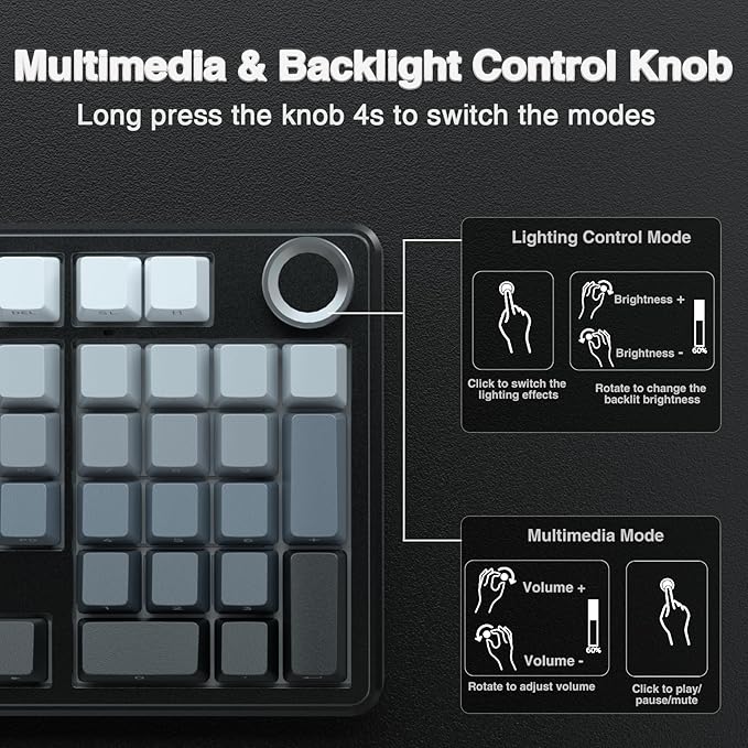 AULA F99 Pro Wireless Mechanical Keyboard with Knob,Tri-Mode BT5.0/USB-C/2.4GHz Hot Swappable Keyboard,Pre-lubed Switches,RGB Backlit PBT Keycaps Computer Gaming Keyboards (Side Printed Black)