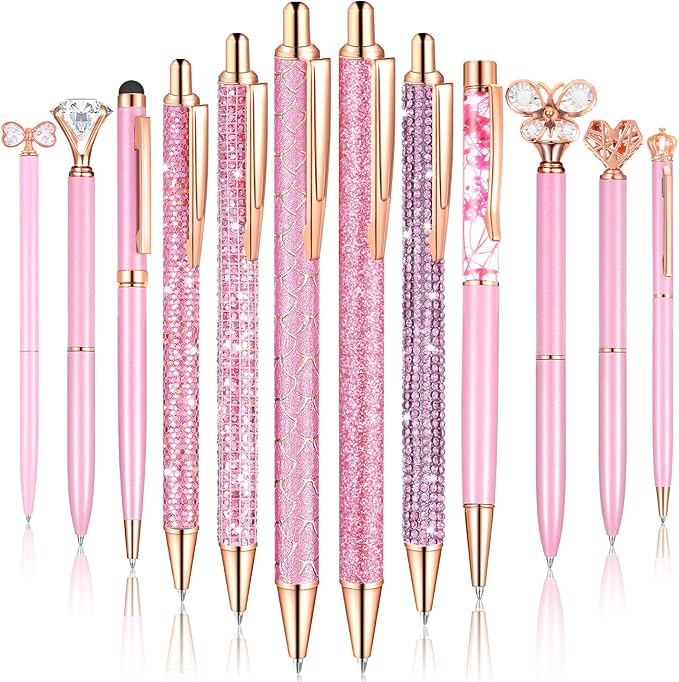 12 Pcs Diamond Pens Metal Liquid Sand Glitter Cute Ballpoint Pen Set Girly Crystal Pen Women Ballpoint Pen Black Ink Ball Point Pen Gift for Women Office Supplies School Wedding Party Desk (Pink)