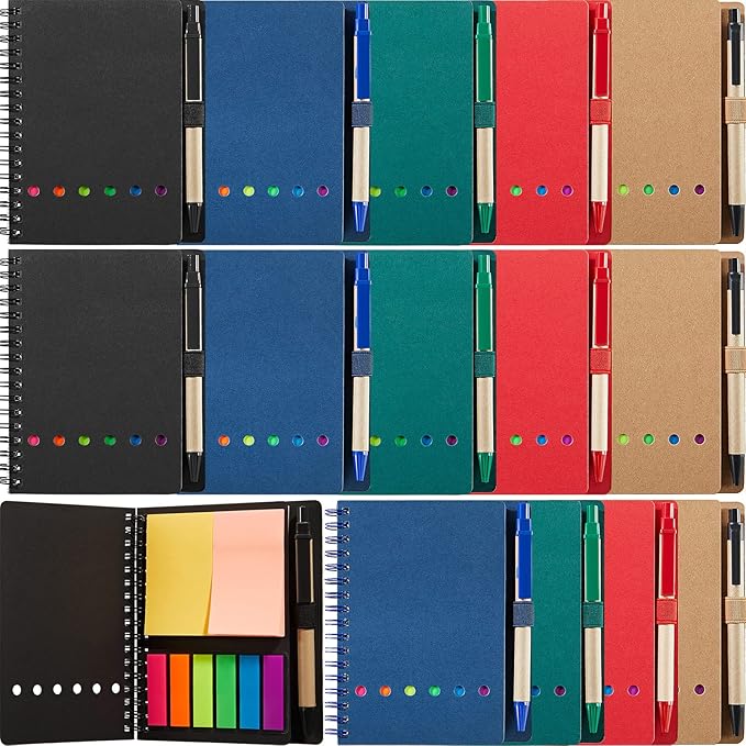 15 Pack Spiral Notebook Steno Pads Notepad with Pen in Holder Sticky Notes and Page Marker Colored Index Tabs Small Pocket Notebooks for Office School Supplies, 4.7 x 5.9 Inch