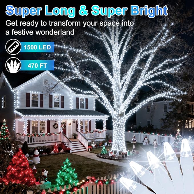 1500 LED 470FT Christmas String Lights, 12 Modes and Timer Memory Dimmable, Plug in Outdoor Waterproof Clear Wire Twinkle Fairy Light for for Xmas Yard Tree Wedding Party Outside Decor (Cool White)