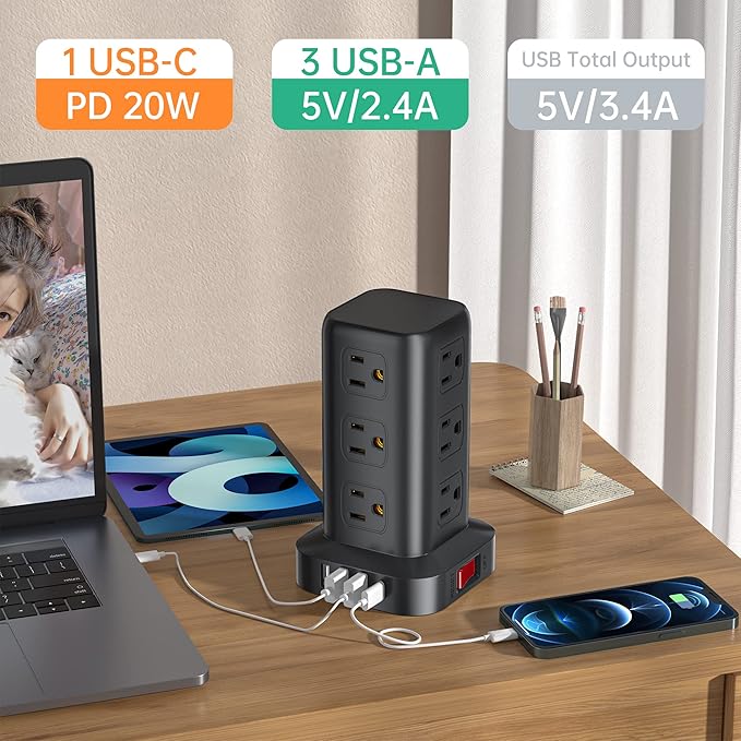 PD 20W USB C Surge Protector, Mini Power Strip Tower Travel 12 AC 4 USB Power Strip with USB Ports 6.5FT Overload Protection for Home Office