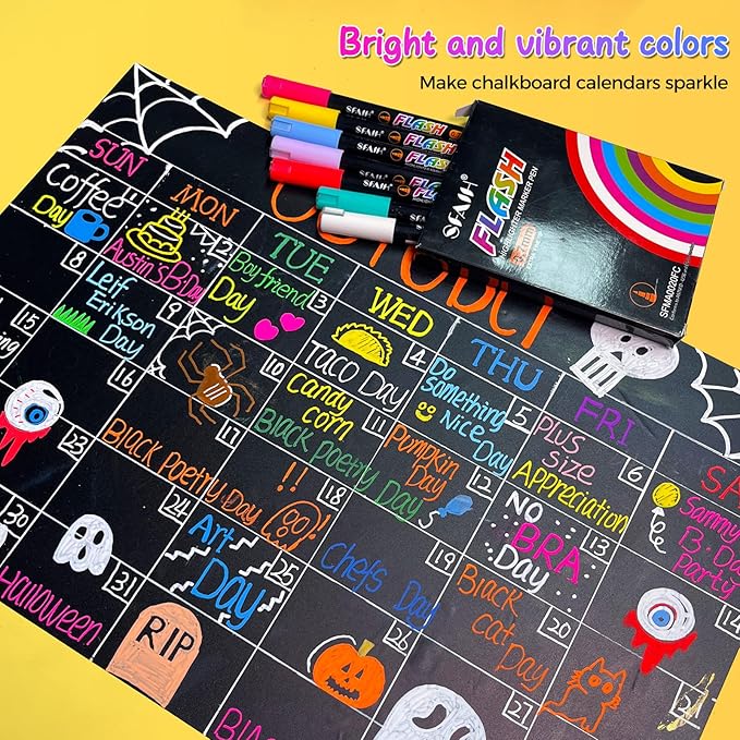 SFAIH 8 Vibrant Liquid Chalk Markers Erasable - 0.7-1mm Fine Tip Chalkboard Pens for Blackboards, Calendar, Acrylic Board, Glass, Signs, Mirror, Dust Free, Non-Toxic, With Highlighter Color Markers