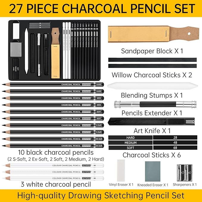 27 Piece Charcoal Drawing Set - Professional Black & White Charcoal Pencils for Sketching, Shading & Blending, Graphite Sticks with Artist Art Supplies Kit (Beginners & Professionals)