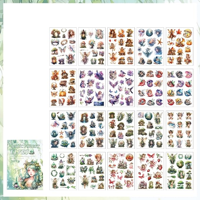 TIAMECH Phantom Forest Spirit Sticker Book - Magic Elves Series, 20 Sheets PET & Washi Stickers for Scrapbooking, Ephemera, Waterproof Junk Journaling Supplies & DIY Crafts (Size 10.5 x 7.1in)