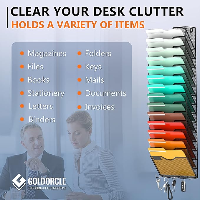 10-Tier Hanging Wall File Organizer Wall Mounted File Holder Document Wall Organizer for Office Organization and School Storage (No Assembly Required) (15 Tier Black)