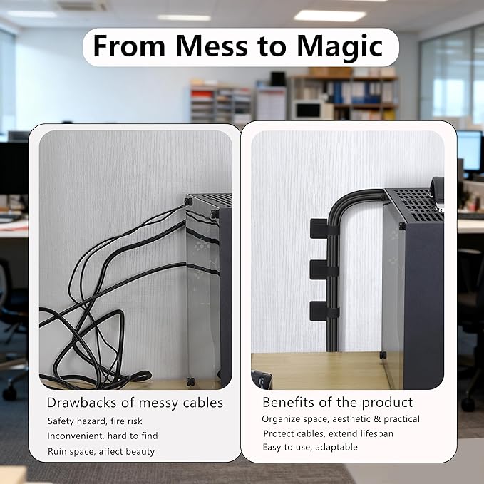 Desk Cable Management, Wire Organizers for Cords - Upgrade 48 PCS Black Sticky Back Self Adhesive Cable Ties, Hook and Loop Straps for Home or Office Use