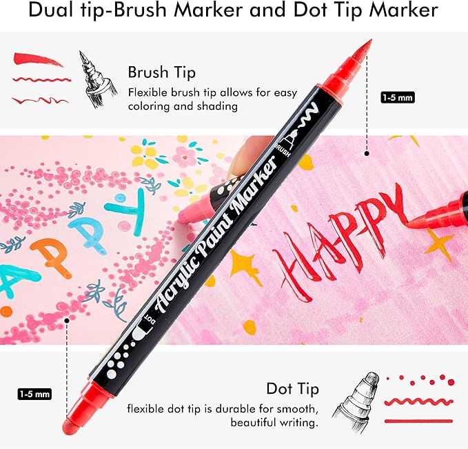 Shuttle Art 36 Colors Dual Tip Acrylic Paint Markers, Brush Tip and Dot Tip Acrylic Paint Pens for Rock Painting, Ceramic, Wood, Canvas, Plastic, Glass, Stone, Calligraphy, Card Making, DIY Crafts