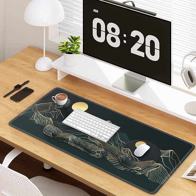 iCasso Large Mouse Pad, 4in1 XXL Mousepad + Keyboard Wrist Rest+Mouse Wrist Rest+Coaster Set with Ergonomic Design for Computer(Cyan-Mountain)