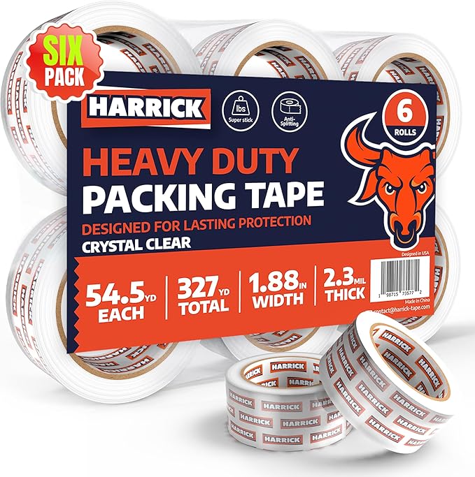 6 Pack Packing Tape Rolls 1.88 Inch - Strong & Durable Rolls of Tape - Packing Tape Roll for Shipping Boxes - Ergonomic Tape Gun Refill - 327 Yards