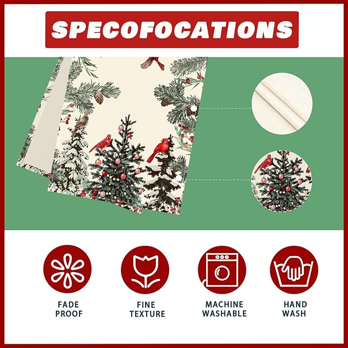 XCHI Cardinal Birds Winter Pine Tree Christmas Xmas Table Runner Table Decoration for Home Kitchen Dining Holiday Decor 13x36 Inch