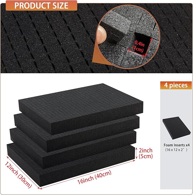 Pre-Cubed Pick & Pluck Foam Sheets - 4-Pack (16"x12"x2") Polyurethane Apart Insert Pads Liners for Toolboxes, Storage Drawer and Crafts
