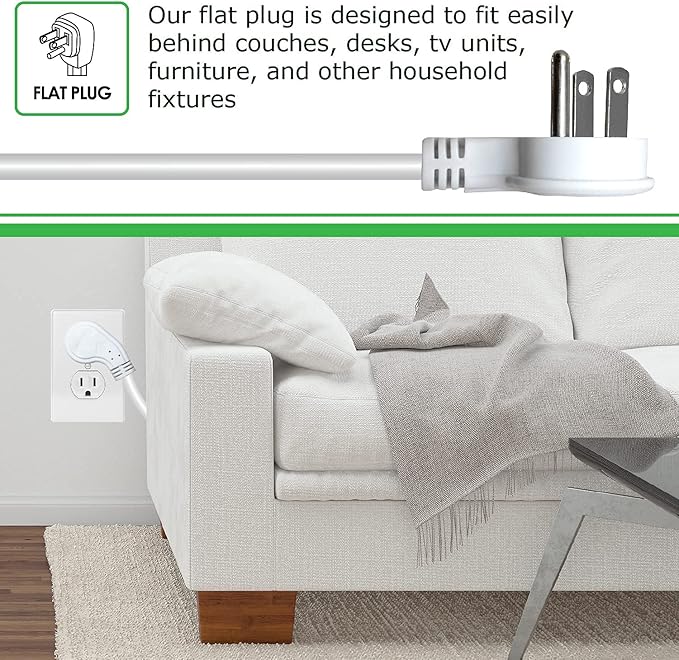 Digital Energy 8 Outlet Surge Protector Power Strip - 15 AMP, 1875 W, 125 V, 350 J Surge Protection, ETL Listed - Flat Plug, White, 8 FT