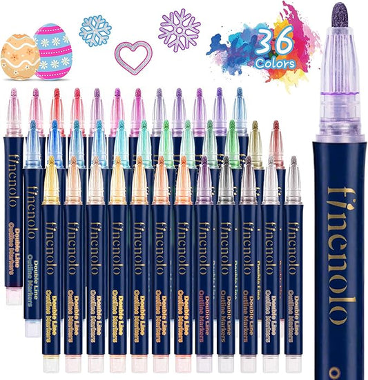 36 Colors Double Line Outline Markers, Shimmer Outline Marker Pen Set with Metallic & Glitter Effects, Self-Outline Shimmer Markers for Card Making, DIY Art, and Doodling – Perfect for Kids & Adults