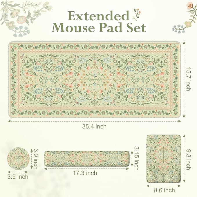 iLeadon Mouse Pad with Wrist Rest, Non-Slip Desk Mat for Keyboard and Mouse, Mouse Pad Sets for Women Desk, Wrist Pads for Keyboard, Floral Mat for Home Office (Light Green)