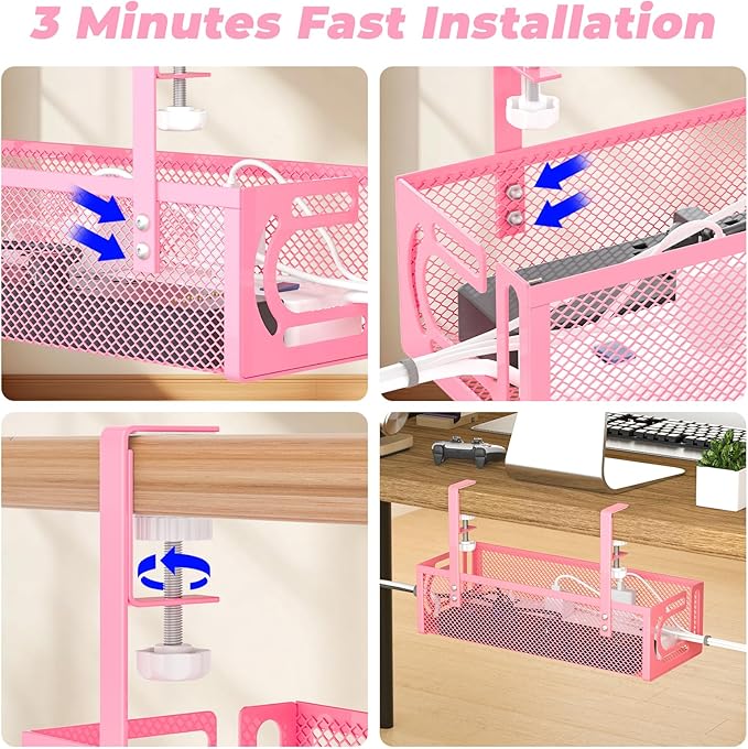 Under Desk Cable Management Tray, 15.7'' No Drill Steel Desk Cable Organizers, Wire Management Tray Cable Management Rack (2 Pack-Pink)