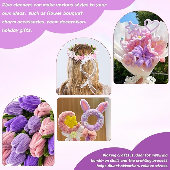 400 Pcs Chenille Stems Flowers Craft Kit,4 Colors Pipe Cleaners Bulk for DIY Floral Arrangements with Floral Wires, Gardening Tape,Hot Glue Stick,Greeting Card,Bouquet Paper, Stamen & Ribbon