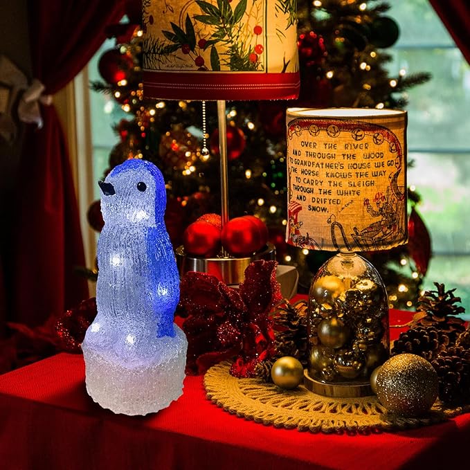 Anycosy Christmas Lighted Acrylic Penguin Decoration,Rotating Battery Operated Lights for Indoor Use,Perfect for Tabletop, Windowsill, Mantel, and Bedroom