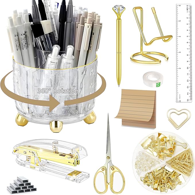 Gold Desk Accessories, Office Desk Organizers and Accessories 360°Pen Holder Acrylic Stapler Set, Phone Holder, Ballpoint Pen, Scissor, Binder Clips, Ruler, Transparent Glue, Sticky Note and Staples.