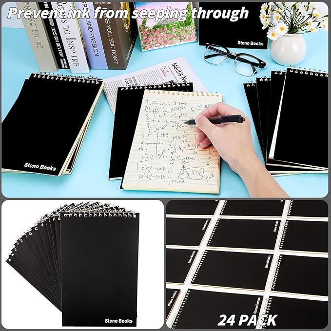 24 Pack Steno Pads 6 x 9 in Spiral Top Notebooks Bulk Note Pads 60 Sheets Gregg Rule Writing Paper Steno Notebooks for Students Teachers Men Women Professionals Office School Recording work(Black)