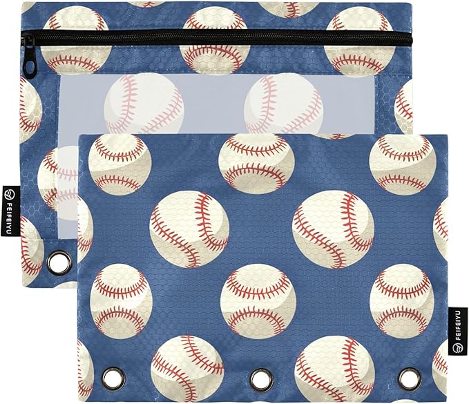 Baseballs Ball on Blue Pencil Pouch for 3 Ring Binder, 2 Pack Waterproof Pencil Bags Clear Window Zipper School Office Supplies