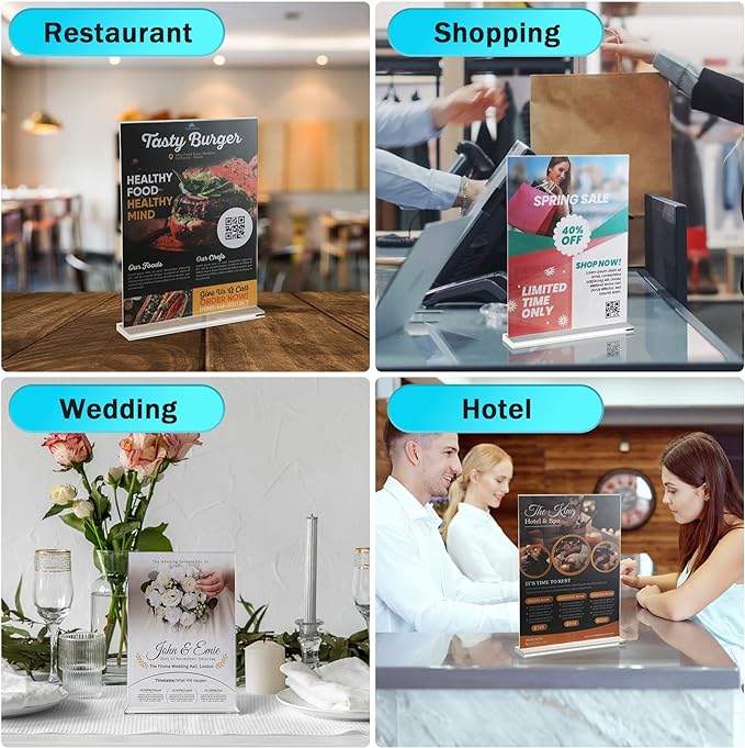 Argvey 8 Pack Acrylic Sign Holder 8.5 x 11 Vertical, Clear T Shape Table Menu Display Stand, Multi-function Plastic Double-Sided Paper Picture Frames Flyer Document Holder for Displaying