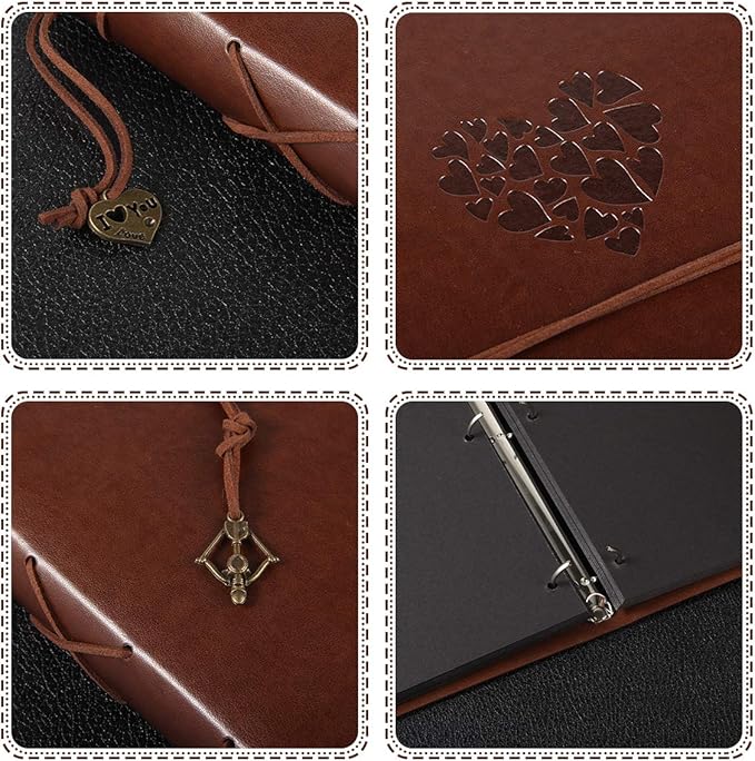 ThxMadam Leather Scrapbook Album Love Vintage Wedding Guest Book DIY Memory Book with 60 Black Pages Present for Mother’s Day Valentines Anniversary Christmas Birthday Gift for Mum Dad Friend