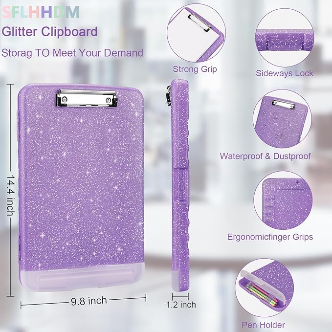 Glitter Clipboard with Storage,Storage Clipboard with Pen Holder,A4 Binder Clip Boards 8.5x11 with Low Profile Clip,Side Opening Sparkle Clipboards, Clipboards Folder for Office Supplies-Pale Purple