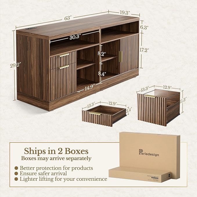 2 Drawer File Cabinet with Lock, 63'' Wood Lateral File Cabinet, Compatible Letter and A4 Size, Fluted Filing Cabinet for Home Office with AC/USB, Adjustable Storage Shelves, Black Walnut