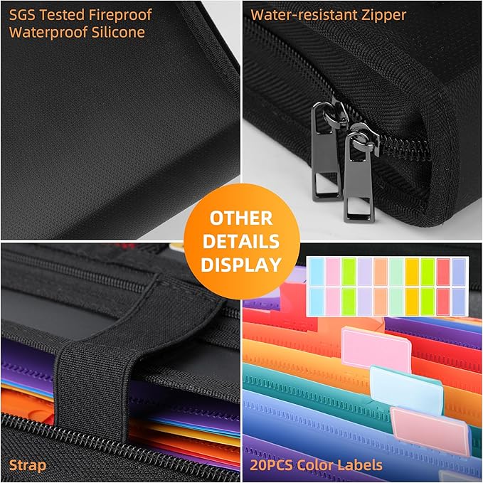 Accordion File Organizer - 12 Pocket Expanding File Folder with Zipper & Labels - Fireproof File Folder Organizer with Multi-Pockets,Document Organizer for Letter A4 Files and More
