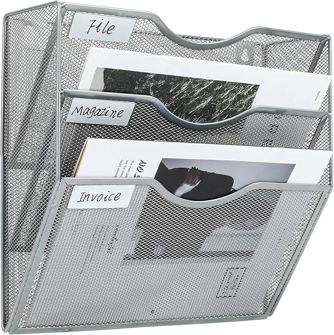 PAG Hanging Wall File Holder Mail Organizer Wall Mount Document Letter Rack, 3-Tier, Silver