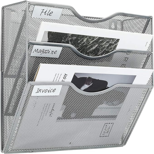 PAG Hanging Wall File Holder Mail Organizer Wall Mount Document Letter Rack, 3-Tier, Silver
