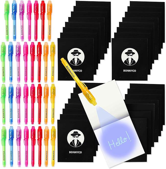 BONNYCO Invisible Ink Pen and Notebook, Pack of 32 Party Favors for Kids Birthday | Spy Pen Party Supplies, Pinata Stuffers, Prizes for Kids | Magic Pen Birthday Party Favors, Prizes for Students